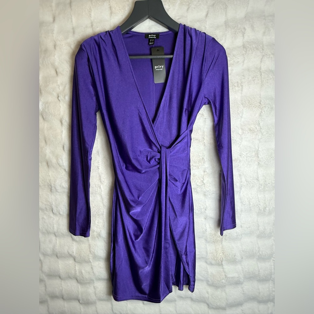Privy Purple Twist Front Long Sleeve Bodycon Dress